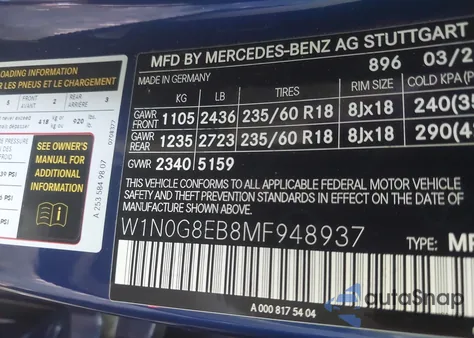 2021 Mercedes-Benz Glc 300 4Matic Suv from USA, damaged, VIN W1N0G8EB8MF948937